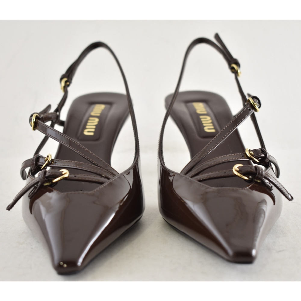 Miu Miu 55 Cacao Brown Patent Buckle Trio Pointed Slingback Kitten Heel Pump 38 - Picture 10 of 16